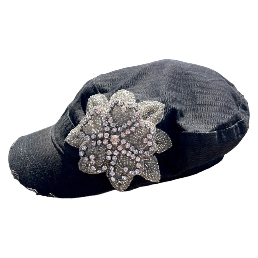 Katydid Rhinestone Flower Bling Black Distressed Army Cadet Ball Cap Hat OS